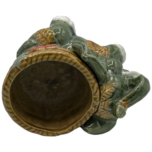 Green Elephant Planter Lucky Trunk Up Ceramic with Basket Tropical 5" x 4" - Picture 5 of 8